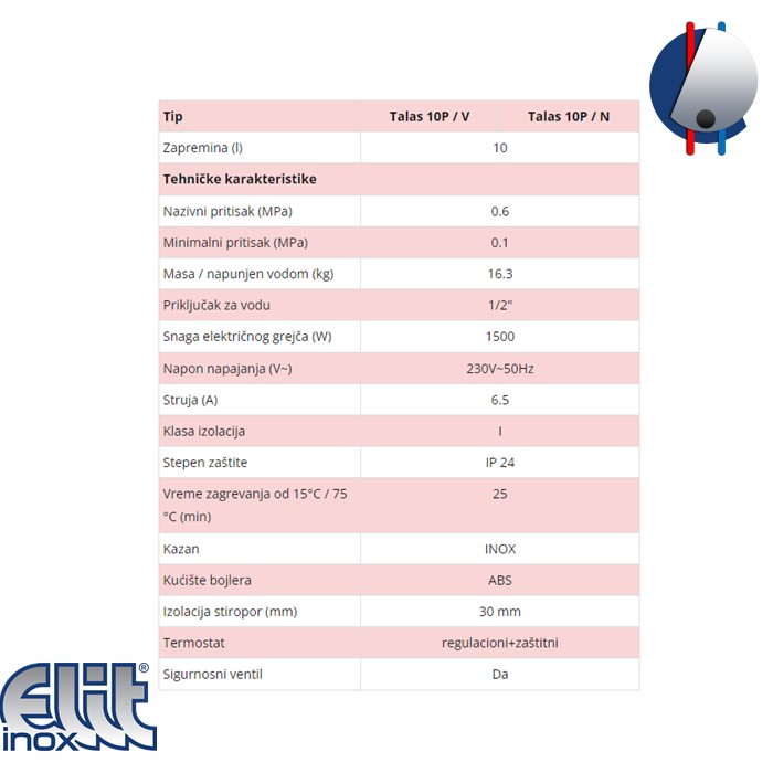 Bojler 10L Talas 10P inox ELIT INOX - Slika 3