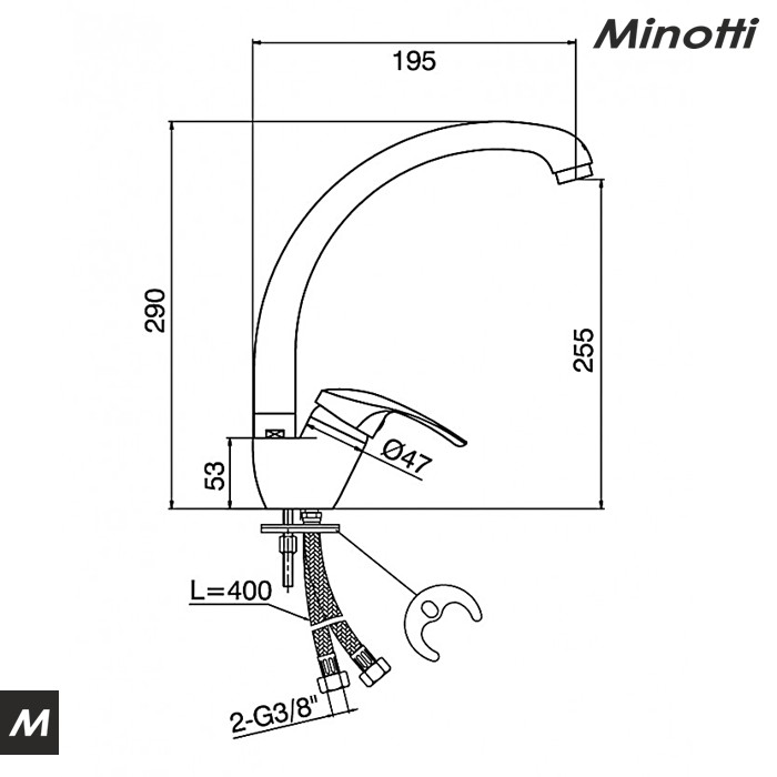 Baterija za sudoperu STANDARD sa dve cevi labud (6887) MINOTTI - Slika 2