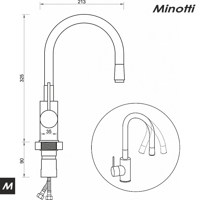 Baterija za sudoperu TUBO dve cevi gibljiva lula (6134A) MINOTTI - Slika 2