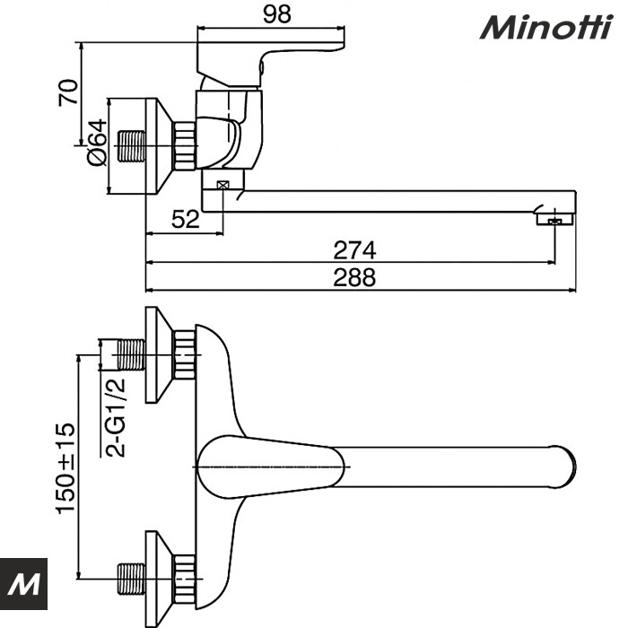 Baterija za sudoperu zidna duga lula VIVA (5515-L) MINOTTI - Slika 2