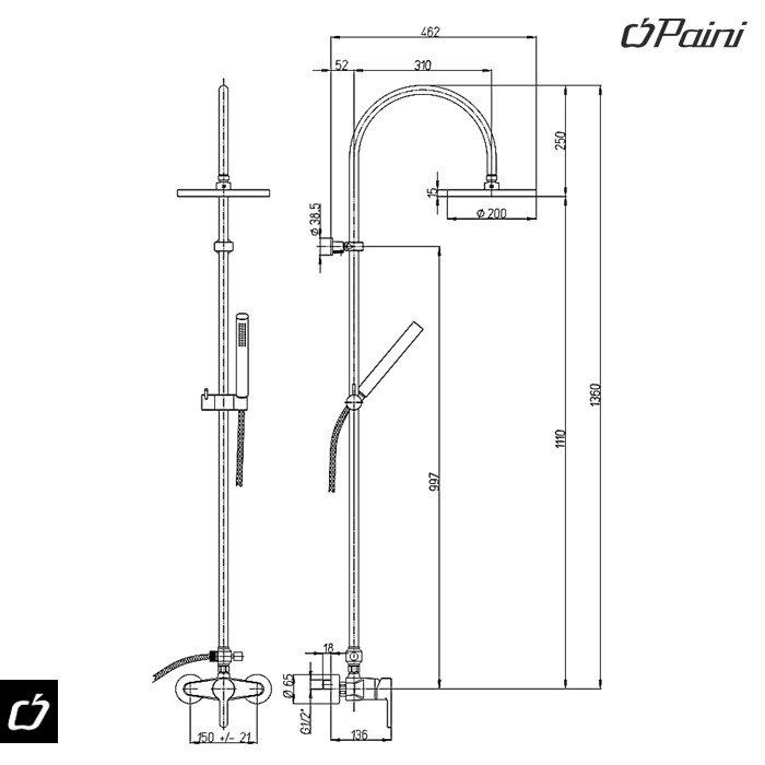 Tuš set (baterija, tuš ruža, tuš ručica, šipka, crevo) ARENA (92CR6891P1) PAINI - Slika 2